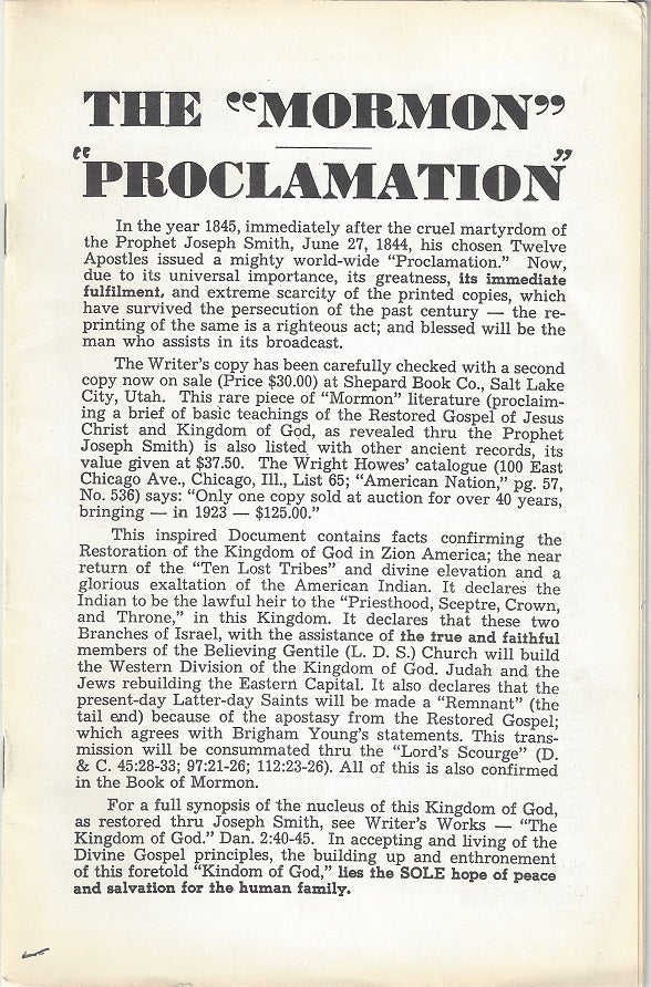 Item #3423 The 'Mormon Proclamation'. Francis Michael Darter.