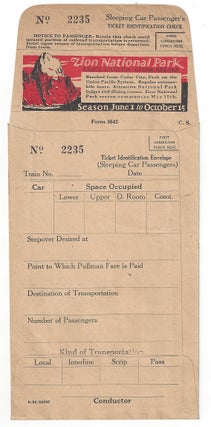 Item #3960 Sleeping Car Passenger's Ticket Identification Check and Envelope. Utah Parks Company