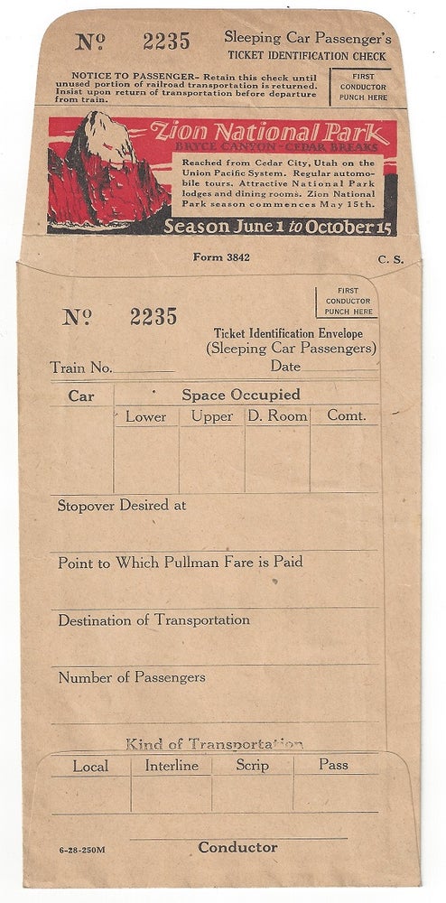 Item #3960 Sleeping Car Passenger's Ticket Identification Check and Envelope. Utah Parks Company.