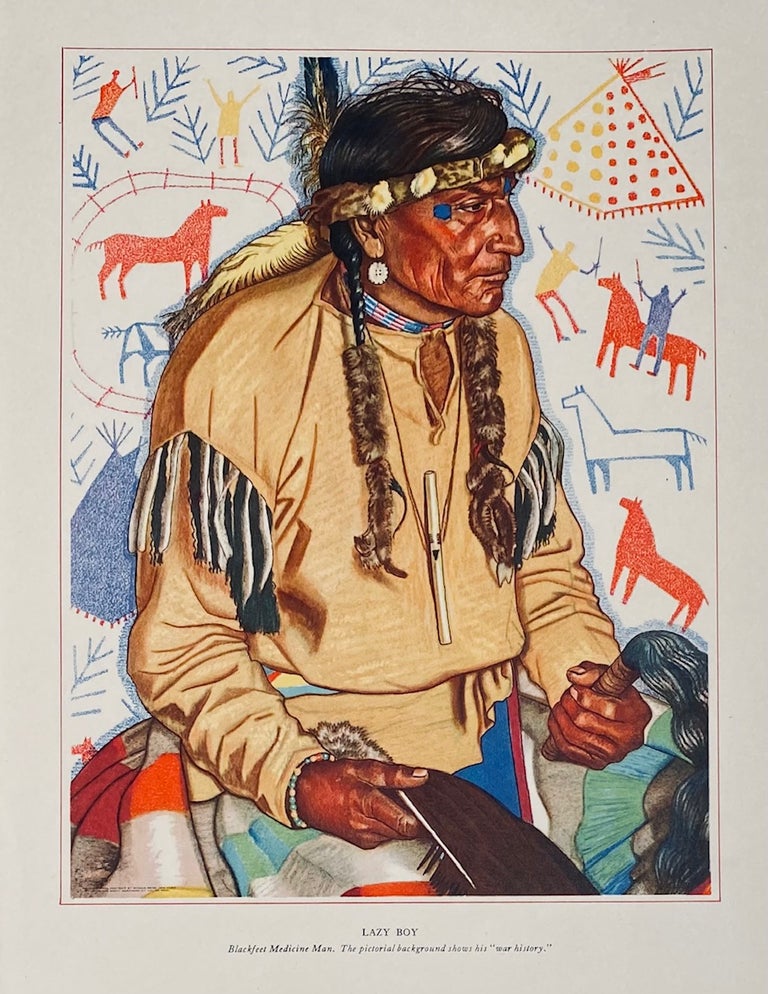 Item #5411 Lazy Boy: Blackfeet Medicine Man. The pictorial background shows his 'war history.'. Winhold Reiss.
