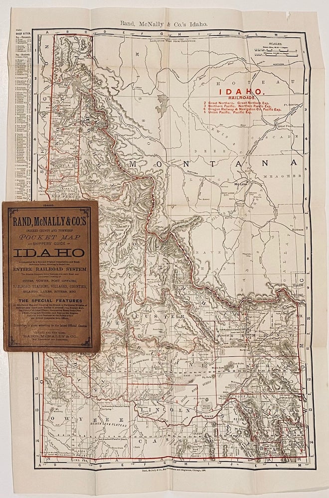 Item #6503 Rand McNally and Co.'s Indexed County and Township Pocket Map and Shippers Guide of Idaho. Accompanied by a New and Original Compilation and Ready Reference Index, Showing in Detail the Entire Railroad System. The Express Company doing business over each Road, and Accurately Locating all Cities, Towns, Post Offices, Railroad Stations, Villages, Counties, Island Lakes, Rivers, Etc. Idaho.