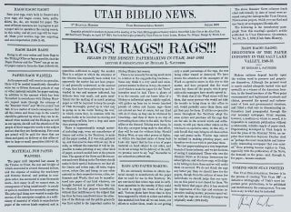 Item #7043 Rags! Rags!! Rags!!! Reams in the Desert: Papermaking in Utah, 1849-1893. Richard L....