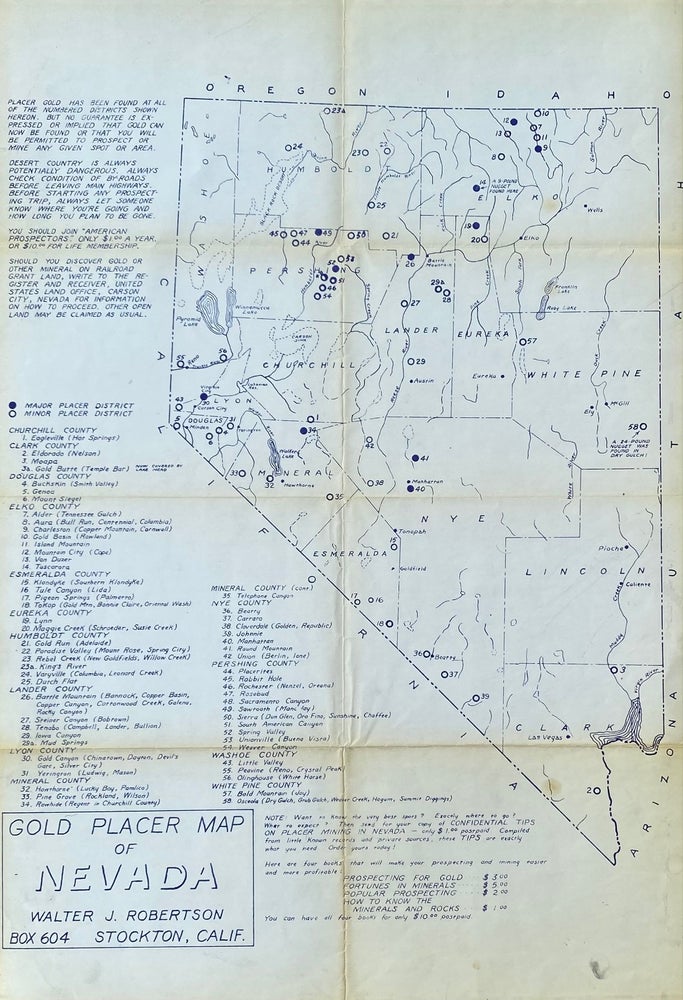 Item #7337 Gold Placer Map of Nevada. Walter J. Robertson.