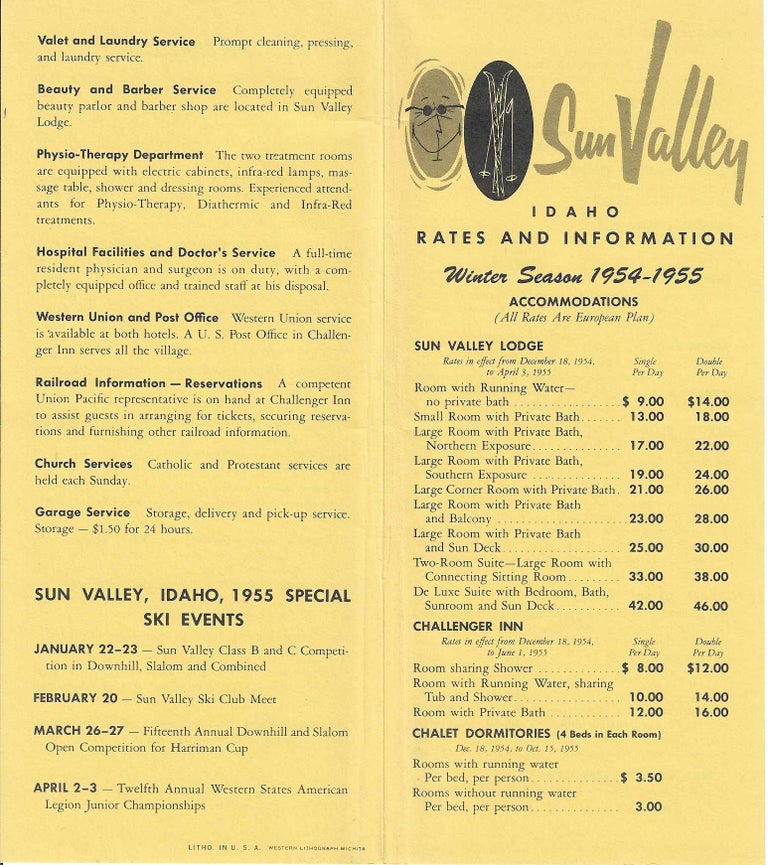 Item #7893 Sun Valley, Idaho. Rates and Information: Winter Season 1954,1955. Sun Valley.