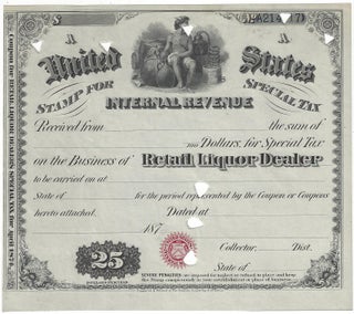 Item #822 A United States Stamp for Internal Revenue Special Tax. Retail Liquor Dealer