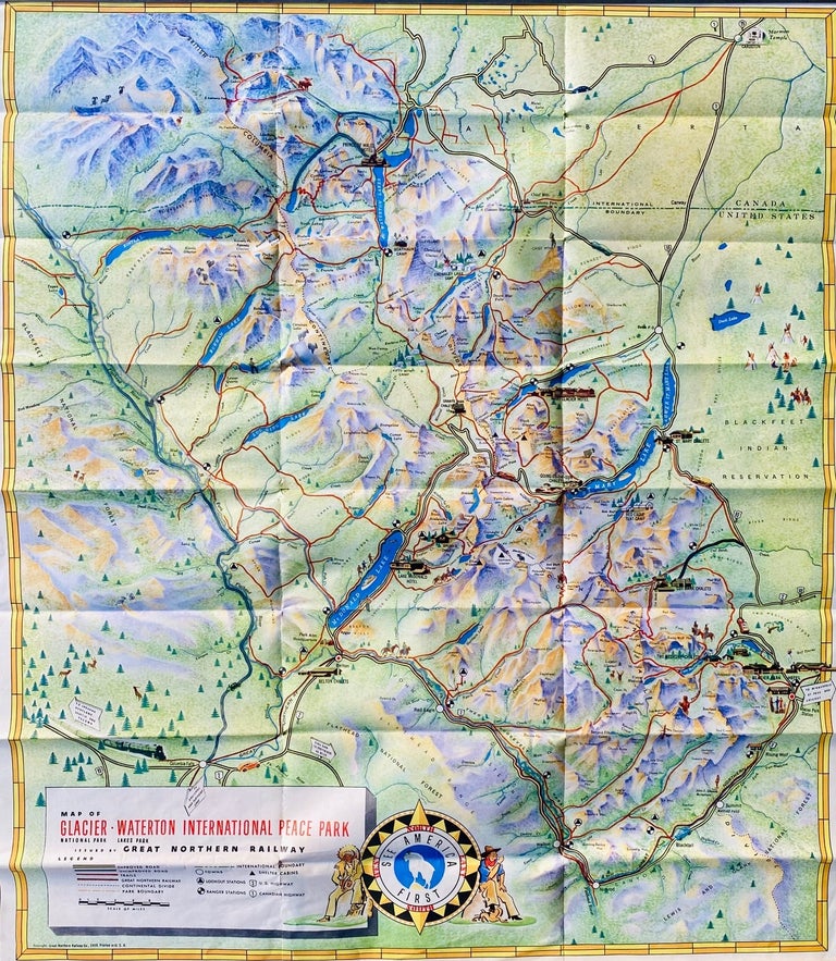 Item #8822 Map of Glacier National Park and Waterton International Peace Park Lakes Park. Great Northern Railway.